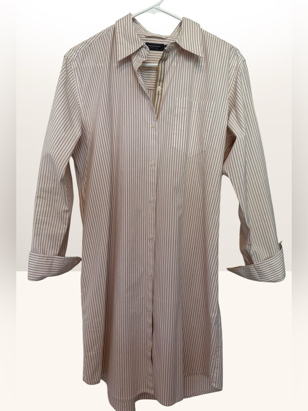 Vineyard Vines Cream Shirt Dress with Brown Pinstripes